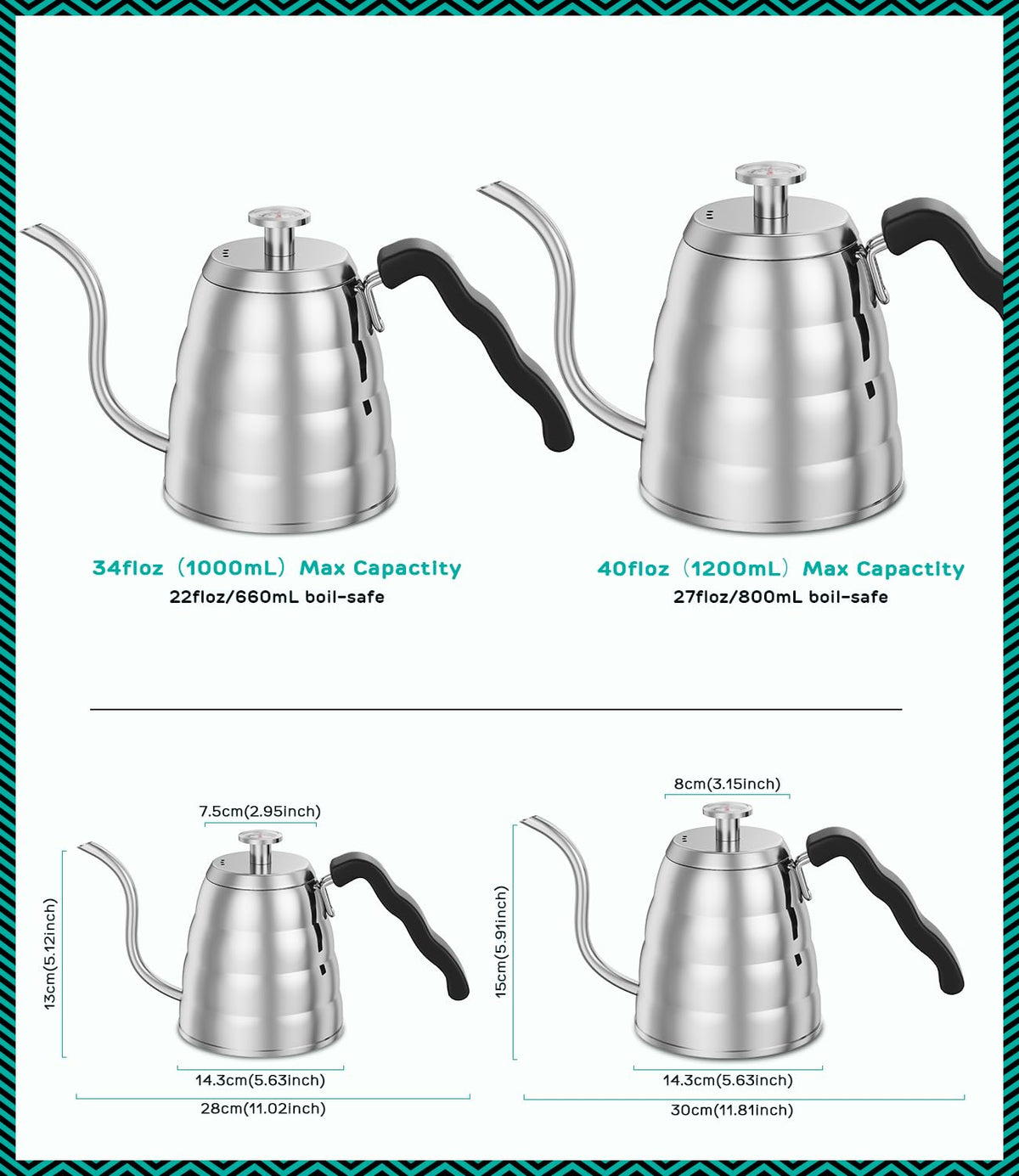 Coffee Gator Gooseneck Kettle with Thermometer - 40oz Premium Stainless Steel Pour Over Coffee