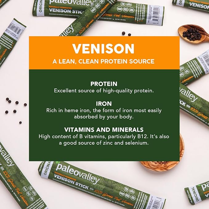 Paleovalley 100% Grass Fed Venison Sticks - 10 Pack -Keto-Friendly, High Protein, Low-Calorie Snack