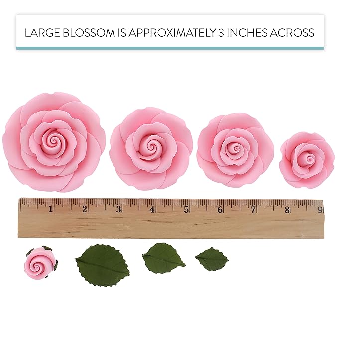 Global Sugar Art Exquisite Rose & Leaf Tray Edible Sugar Cake Flowers, Pink 20 Count Unwired by