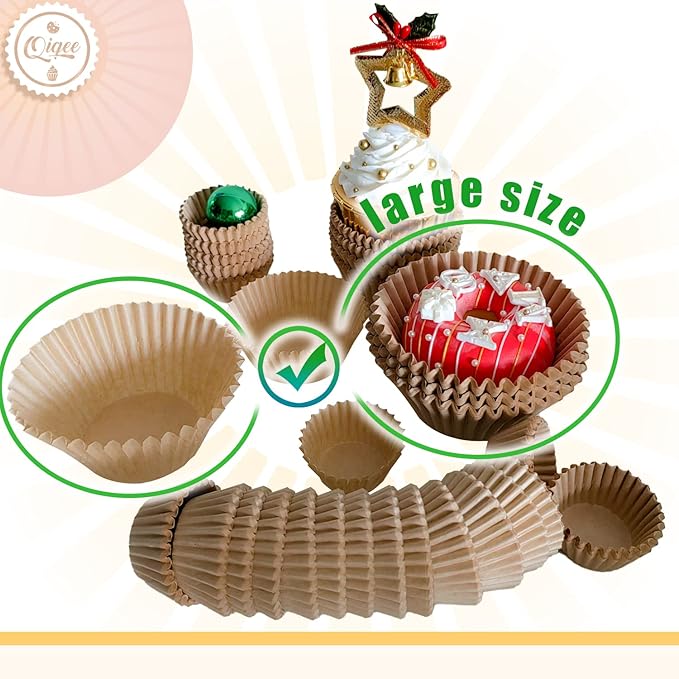 qiqee 300 Count Jumbo Cupcake Liners Natural Muffin Liners Food Grade Jumbo Size Baking Cups Paper