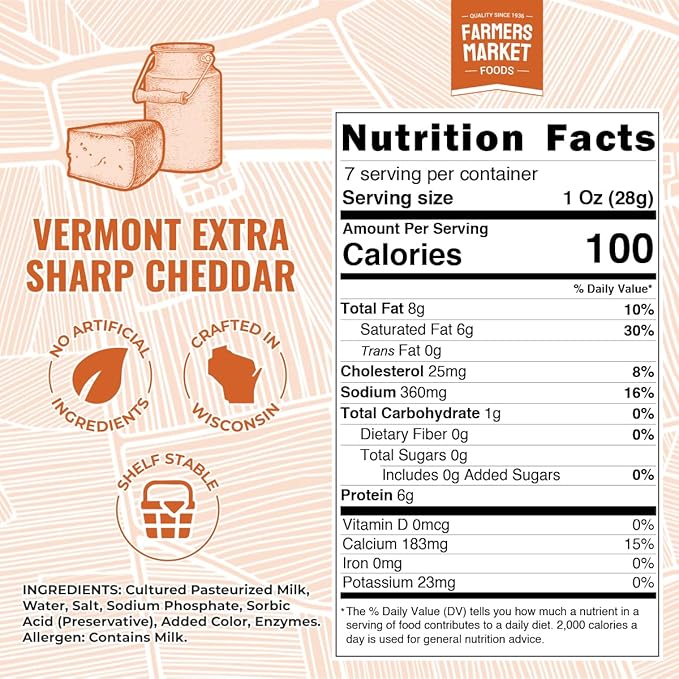 Farmers Market, Gluten Free, Keto, Paleo, Low Sodium, Zero Sugar, Wisconsin Cheese, 1-Pack, Vermont