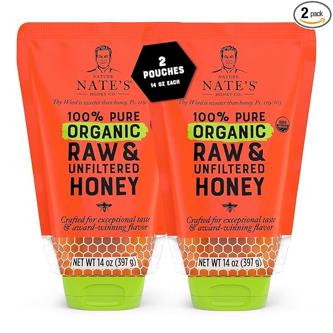 Nature Nate's 100% Pure USDA Organic Raw & Unfiltered Honey, Two 14 oz. No-Drip Sustainable Squeeze