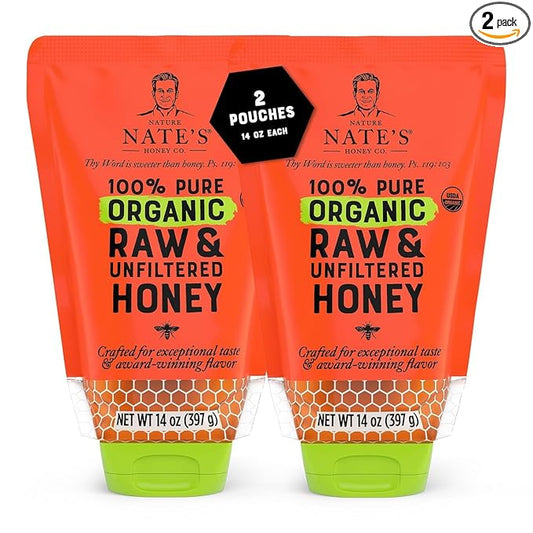 Nature Nate's 100% Pure USDA Organic Raw & Unfiltered Honey, Two 14 oz. No-Drip Sustainable Squeeze
