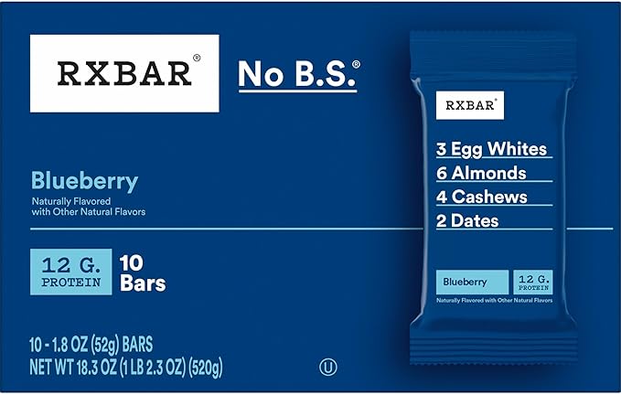 RXBAR Protein Bars, Protein Snack, Snack Bars, Blueberry, 18.3oz Box (10 Bars)
