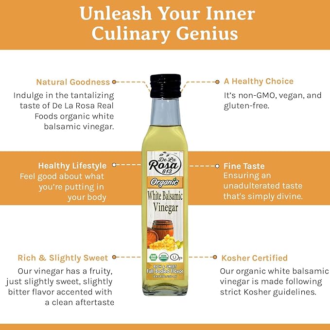 De La Rosa Organic White Balsamic Vinegar, Aged in Spanish Wood Barrels, Kosher for Passover, Vegan