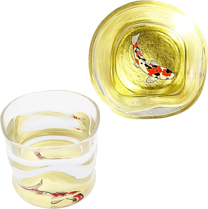 Kasyou Studio Colored Carp sake cup (Natural curl shape) Glass (Kanazawa Gold Foil, Gift Box), made