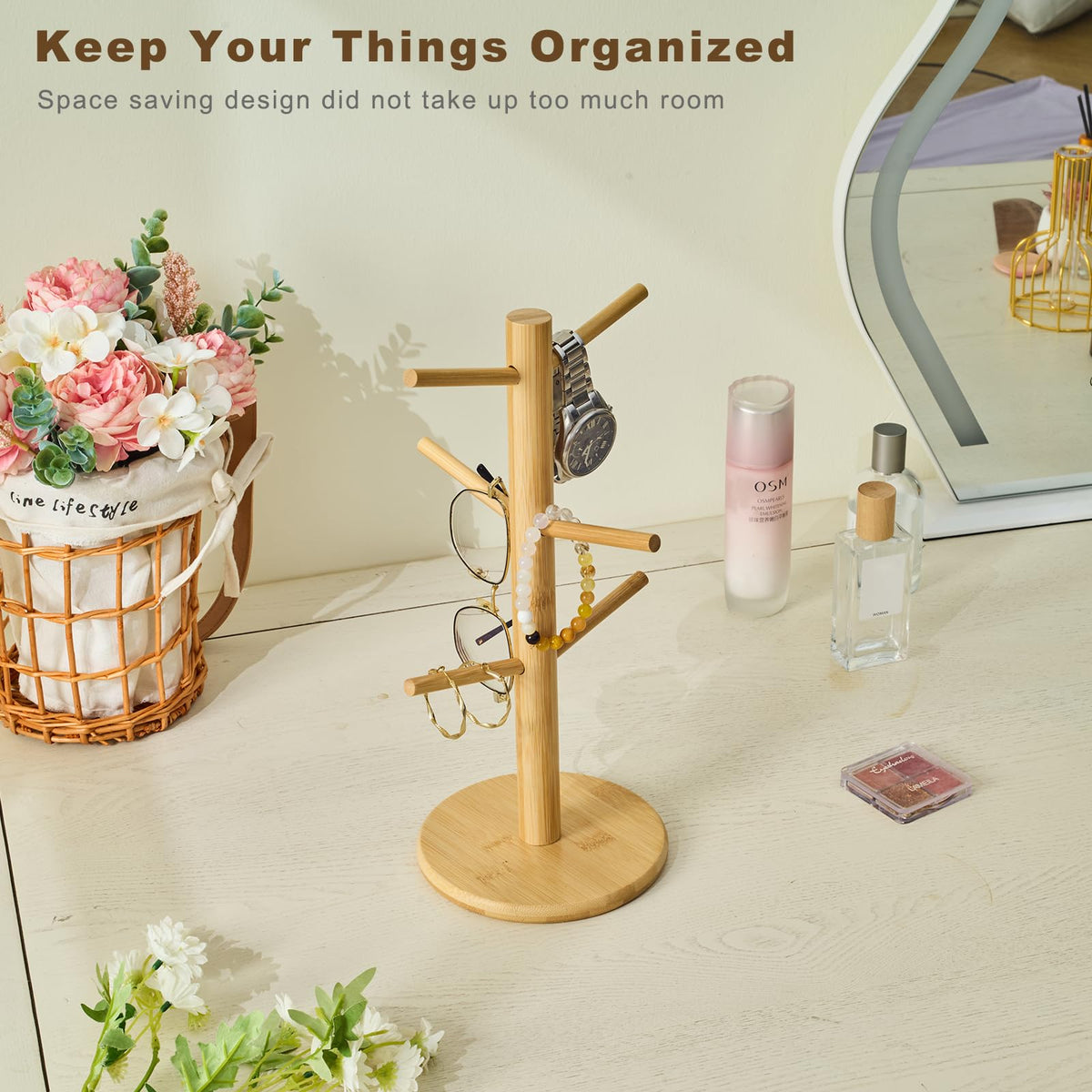 Kelduemi Bamboo Mug Tree for Counter, 6 Hooks Detachable Coffee Mug Holder, Decorative Mug Racks