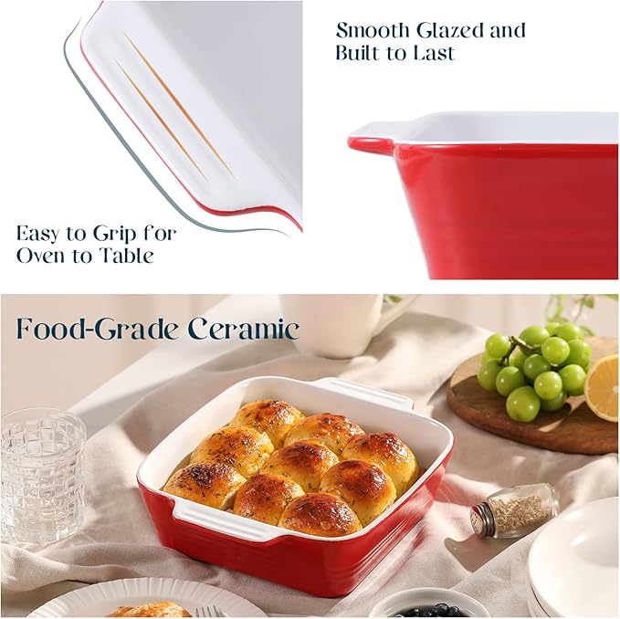 DOWAN 8x8 Baking dish, Square Baking Pan, Ceramic Casserole Dishes for Oven, Cake Pan with Handle