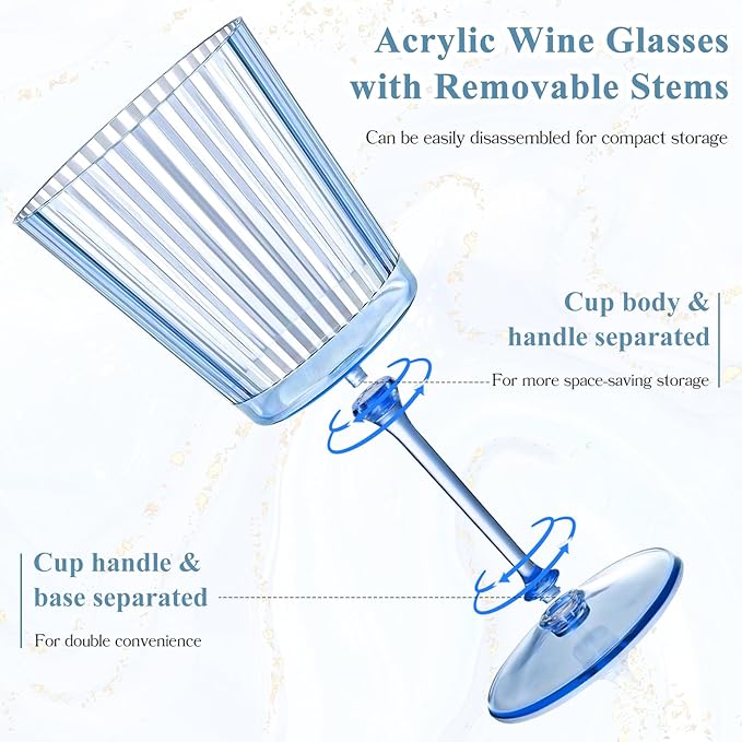 24 PCS Blue Ribbed Plastic Wine Glasses 13.5 OZ Ribbed Wine Glasses Detachable Wine Glass Elegant
