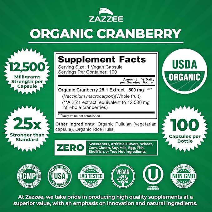 Zazzee USDA Organic Cranberry 25:1 Extract, 500 mg per Capsule, 100 Vegan Capsules, Over 3 Month