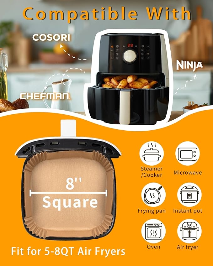 500Pcs Air Fryer Paper Liners, 8??Square Disposable Parchment Paper Liner for 5-8 QT Air Fryer