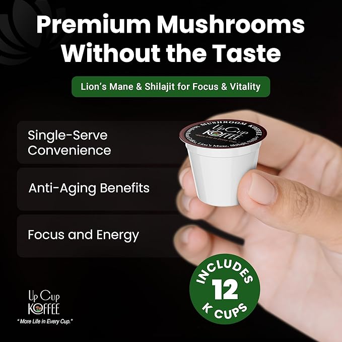 UpCup Koffee Functional Mushroom Coffee K Cups - 100% Arabica Coffee Beans with Lions Mane, NAD+, &