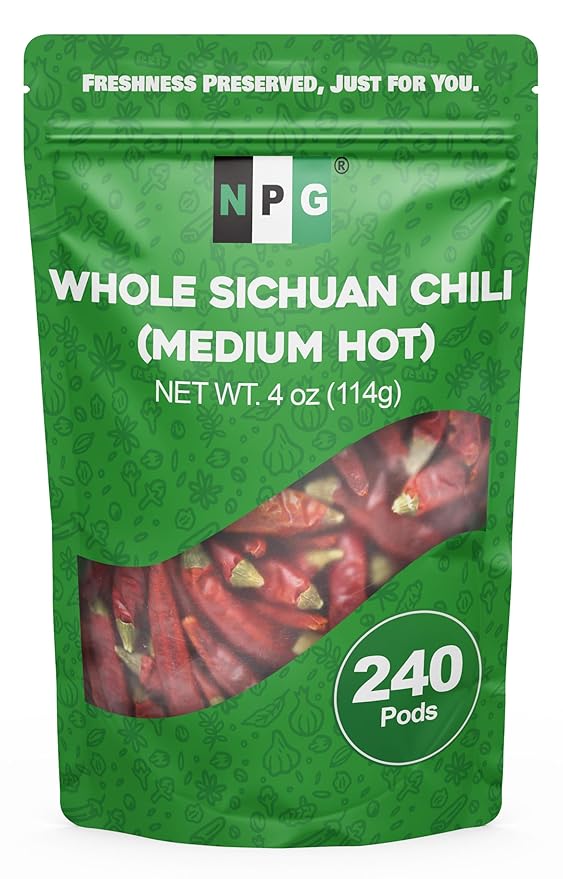 NPG Sichuan Red Chili Peppers 4 Ounces, Medium Hot, Premium Szechuan Dried Red Chilies for Chili