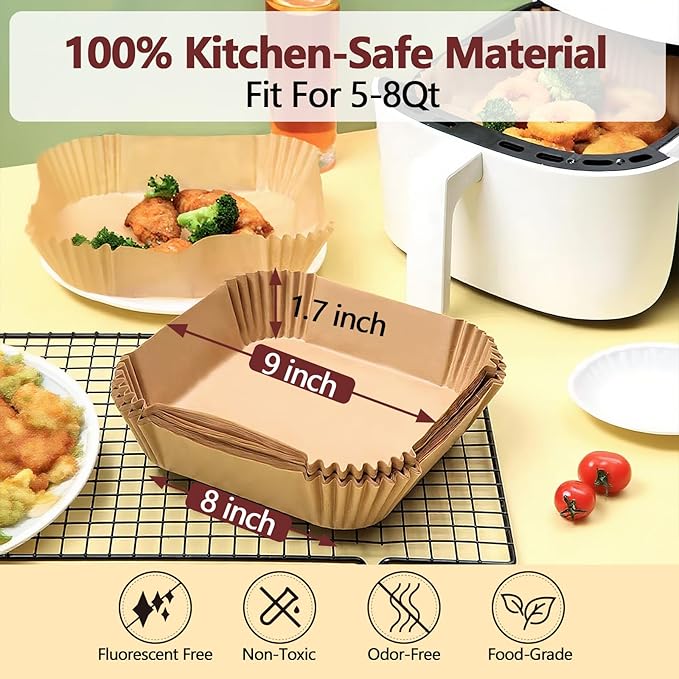 9 Inch Air Fryer Liners Disposable-125PCS Square Parchment Paper Liners,Heat Resistant &