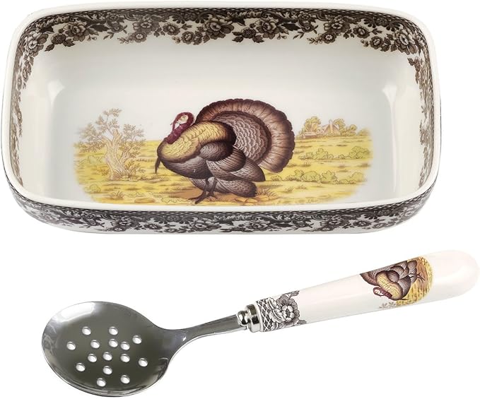 Spode Woodland Cranberry Dish with Slotted Spoon - Featuring Turkey Motif & British Flower Border
