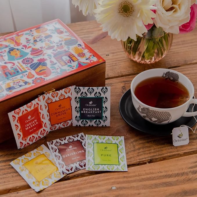 Octavius Gift's Select - Assorted Tea in Multi Design Printed Wooden Box | 6 Flavors, 90 Tea Bags |