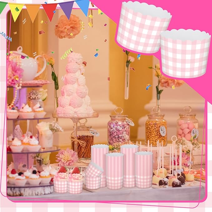 Vesici 150 Pcs Pink Gingham Ice Cream Cups 5oz Dessert Paper Bowls Gingham Scalloped Cupcake Cups