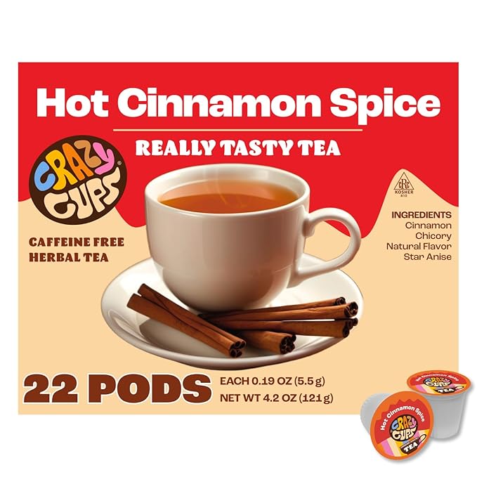 Crazy Cups Hot Cinnamon Spice Herbal Tea Pods, 22 Count | Caffeine Free, Kosher Certified, Warming