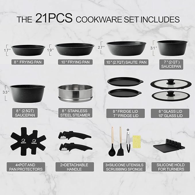 21PCS ceramic cookware set,Nonstick ceramic pan, Removable Handle pots and pans set, Stackable Pan