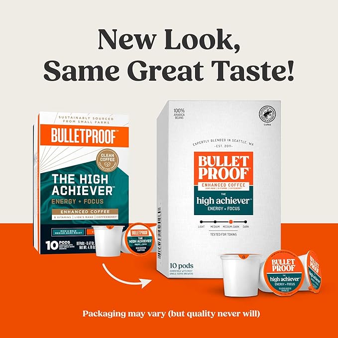 Bulletproof The High Achiever Single-Serve Pods, 10 count, Medium-Dark Roast Enhanced Coffee with