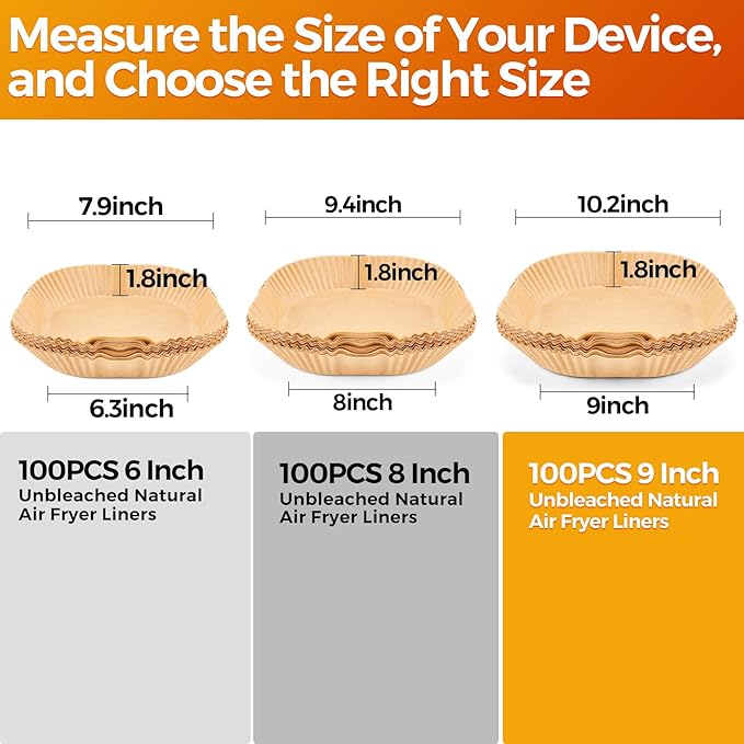 Vailnd Air Fryer Liners Disposable, 100Pcs 9 Inch Max Xl Large Cooker Airfryer Paper Liners, Oil