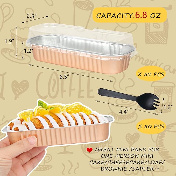 LNYZQUS Disposable Mini Cake Pans with Lids 50 Pack, 6.8oz Rectangle Baking Cups Muffin Tins