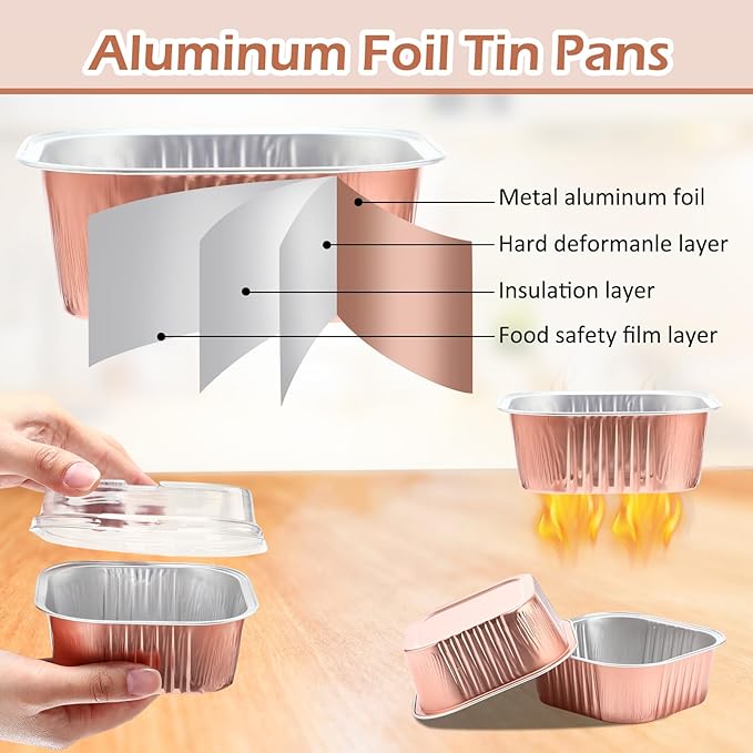 Aoriher 150 Pieces 10 oz Mini Cake Pans with Lids Aluminum Foil Baking Cups Square Disposable 4" x