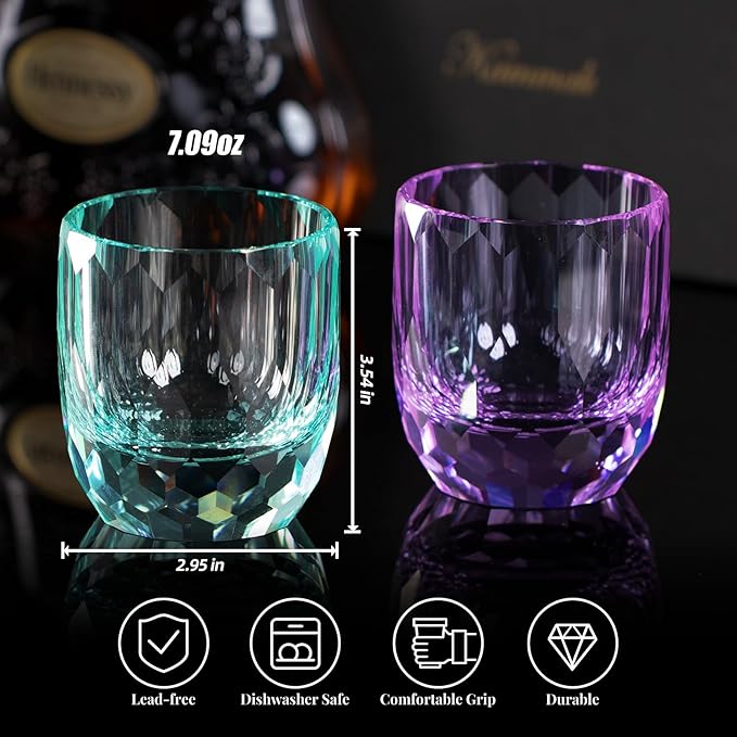 KAMMAK Crystal Whiskey Glasses Set of 2, 7oz Old Fashioned Glasses Stemless, Hand Blown Colored