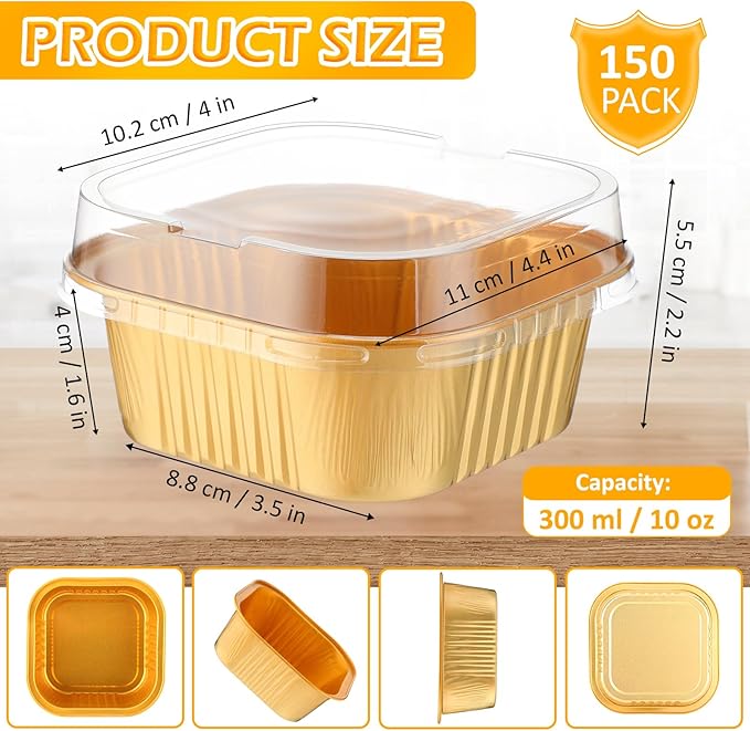 Aoriher 150 Pieces 10 oz Mini Cake Pans with Lids Aluminum Foil Baking Cups Square Disposable 4" x