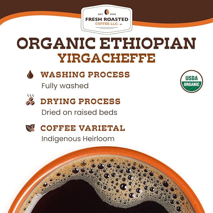 Fresh Roasted Coffee, Organic Ethiopian Yirgacheffe | USDA Organic, Mold & Myco 3rd Party Tested