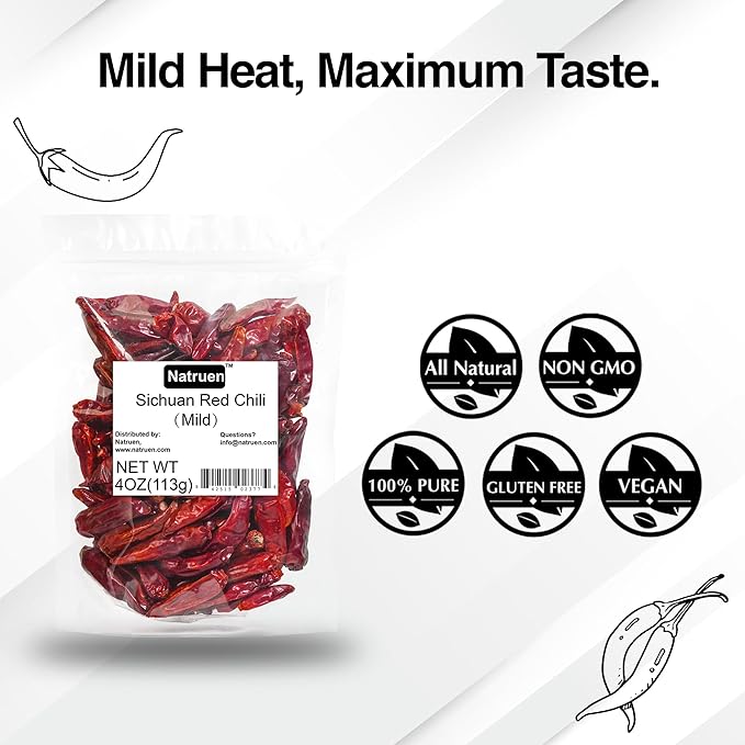 Natruen Whole Dry Szechuan Chinese Red Chili Pods 4 Oz, Mild, Facing Heaven Chili, Spicy Sichuan