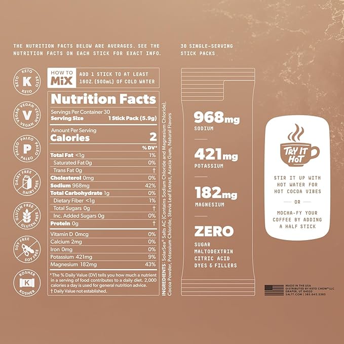 Keto Chow SALTT Electrolytes Powder Packets, Cocoa Variety Pack (30 Packets) - Magnesium