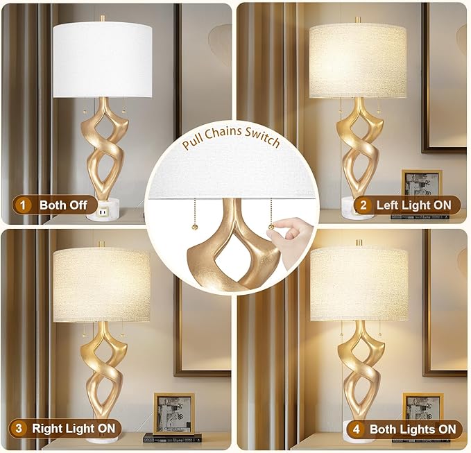 Scenekoy Sculptural Resin Table Lamp Set of 2 with USB Ports for Bedroom Living Room, 31” Big Gold