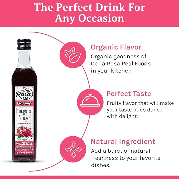 De La Rosa Organic Pomegranate Vinegar, Pure & Unfiltered, Vegan, Gluten Free & Kosher, Great for
