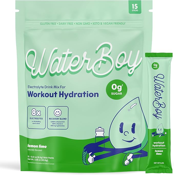 Waterboy Workout Hydration | 2,960mg Sugar Free Electrolyte Powder Packets | L-Glutamine + Vitamins