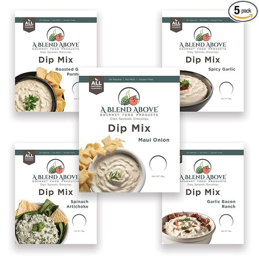 A Blend Above Dip Mix 5 Pack Includes Roasted garlic Parmesan, Maui Onion, Garlic Bacon Ranch
