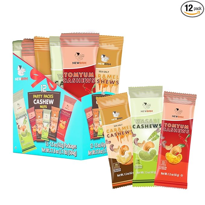 NEWBAM Mix Cashews Variety Packs (Wasabi, Tom Yum, Sea Salt Caramel) - 12 Cashew Snack Packs