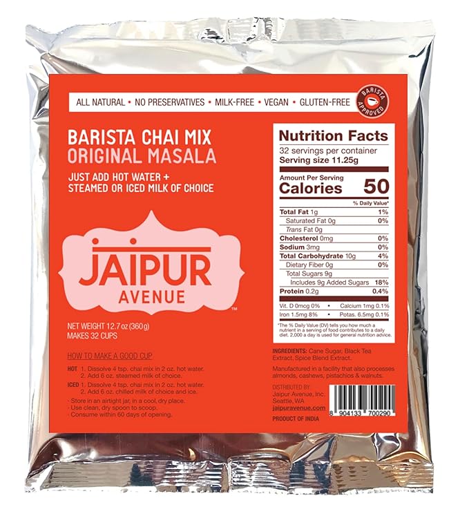 Jaipur Avenue Barista Chai Tea Mix - Original Masala (without Milk) - Vegan, Preservative-Free
