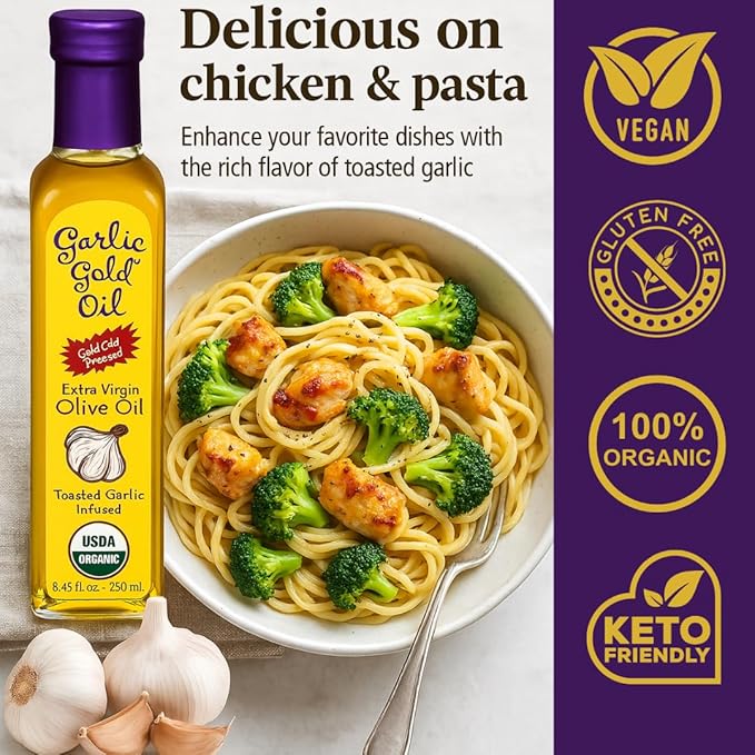 Garlic Gold Extra Virgin Olive Oil Infused with Garlic, Premium Certified USDA Organic, Low FODMAP