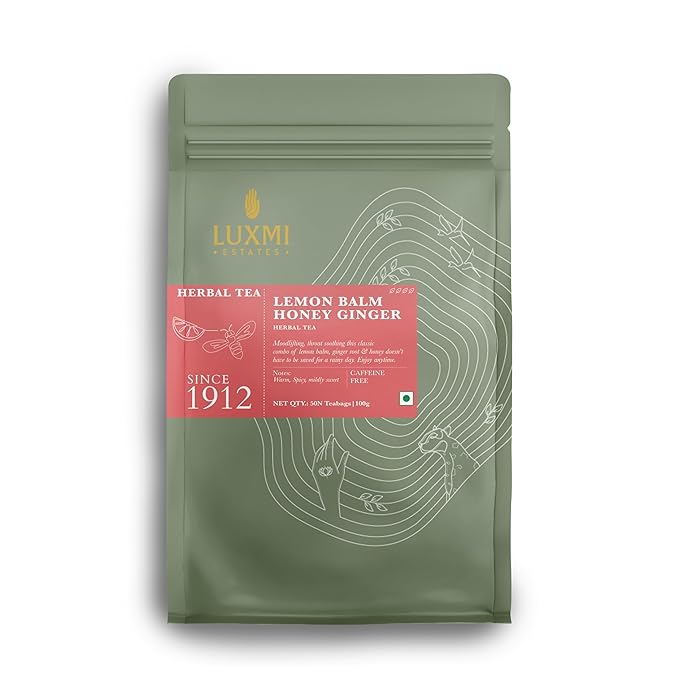 Luxmi Estates Lemon Balm Honey Ginger Loose Leaf Tea, 50 Tea Bags, Organic Herbal Tea, Caffeine