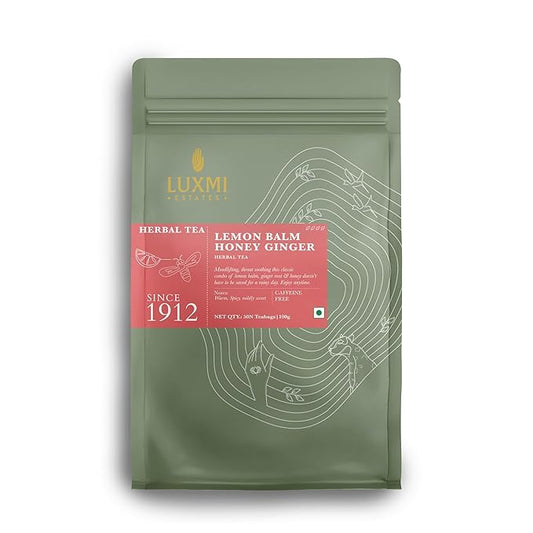 Luxmi Estates Lemon Balm Honey Ginger Loose Leaf Tea, 50 Tea Bags, Organic Herbal Tea, Caffeine
