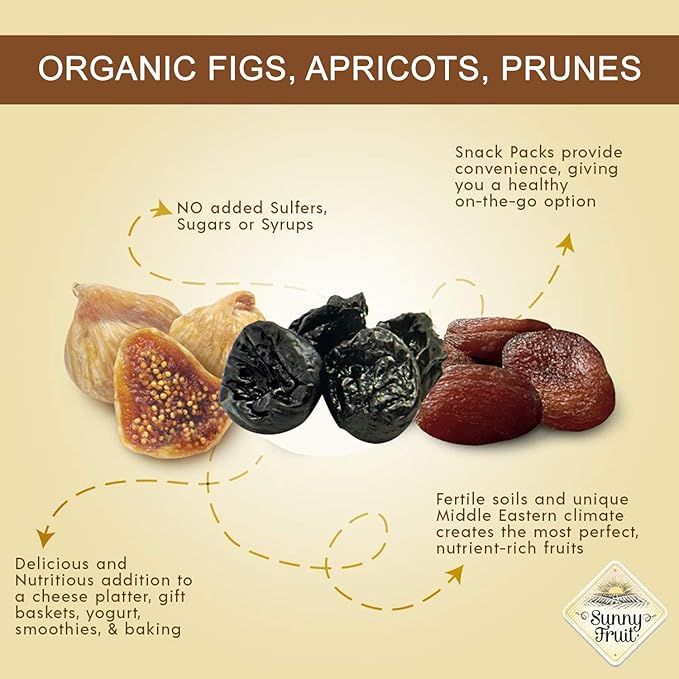 Sunny Fruit Organic Dried Fruit Assortment - Prunes, Figs & Apricots Variety, 3 Bags (15 Individual
