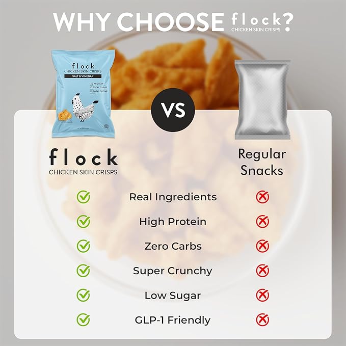 Flock Keto Chicken Skin Chips | Salt and Vinegar Flavor | Low Carb, High Protein, Sugar Free