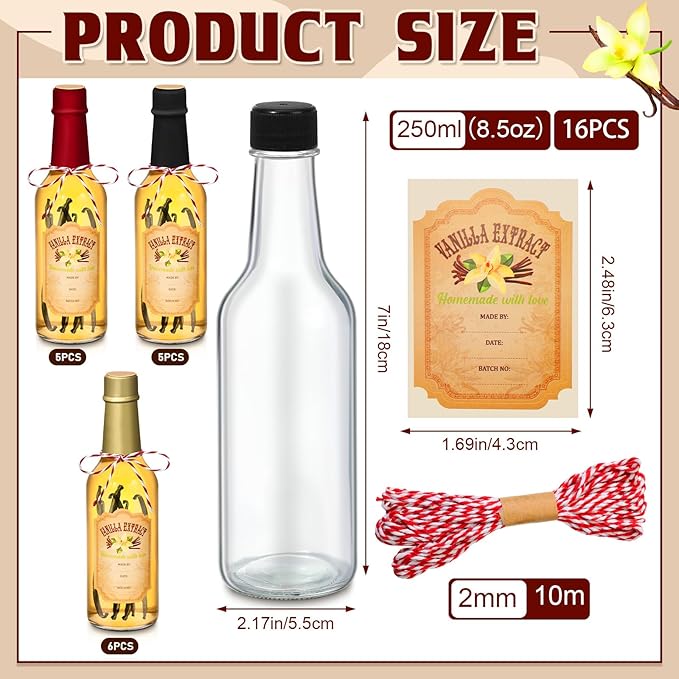 Tioncy 16 Pcs Vanilla Extract Bottles for Homemade Vanilla Jar Glass Bottle with Cap, Shrink Band