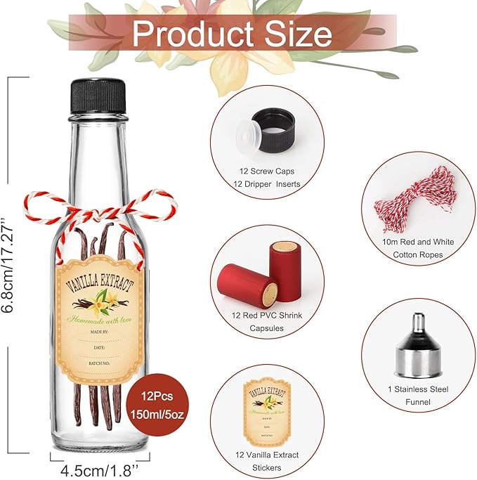 DHSBTLS 12 PCS 5 oz Vanilla Extract Bottles 150 ml Hot Sauce Glass Bottle with Leak Proof Screw