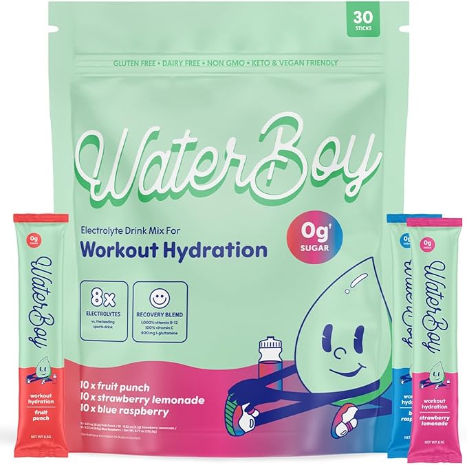 Waterboy Workout Hydration | 2,960mg Sugar Free Electrolyte Powder Packets | L-Glutamine + Vitamins