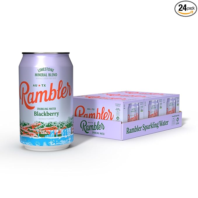 AUTX RAMBLER Sparkling Water, Texas Limestone Mineral Blend, Blackberry Flavor, 12-Ounce Cans