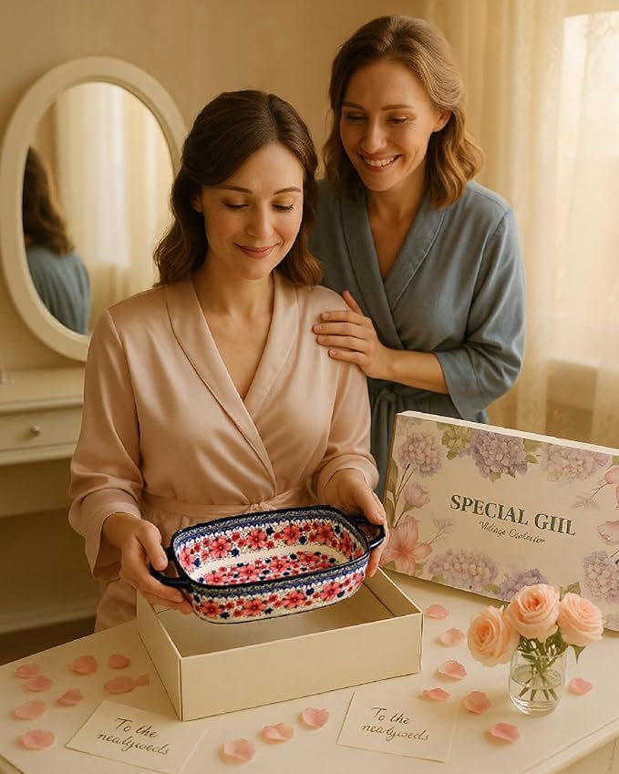 Ceramic Baking Dish Set of 2 ??Decorative Polish Pottery Style Casserole Dishes with Handles, Cute