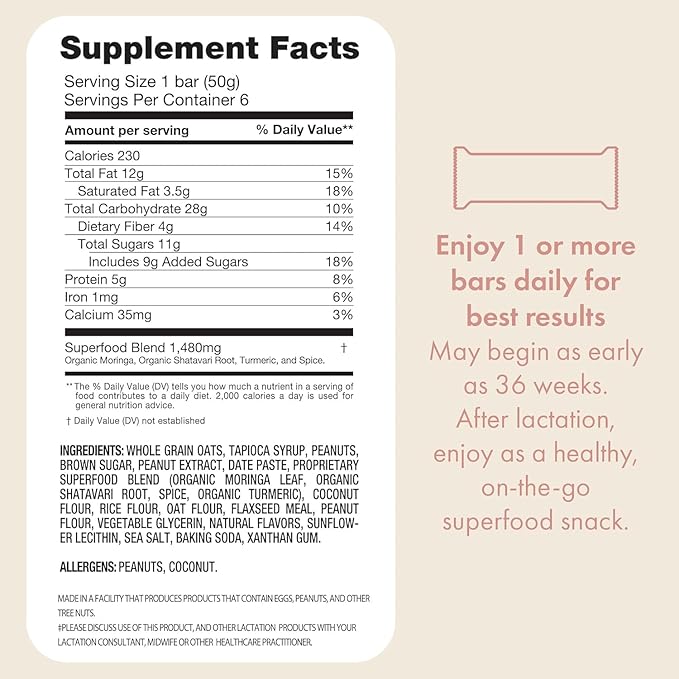 Boobie Bar Superfood Peanut Butter Lactation Bar for Breastfeeding Moms to Increase Milk Supply |