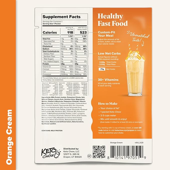 Keto Chow Orange Cream - Keto Meal Replacement Shake Powder - Nutritionally Complete - Low Carb